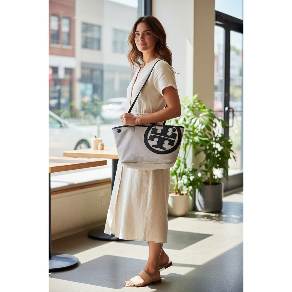Tory Burch Lonnie Large Perforated Canvas Mesh Logo Tote Bag White Black - Picture 12 of 12
